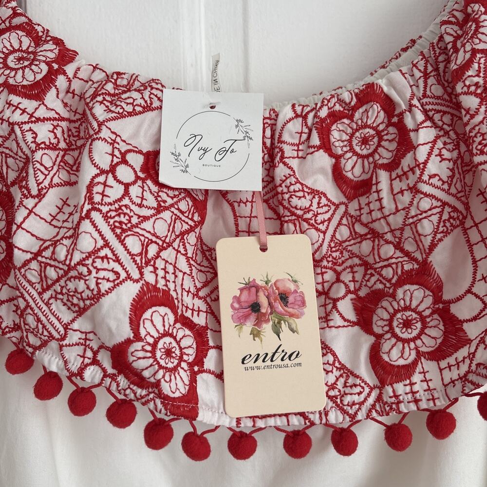 NWT Red SCroll Embroidered Women's Top Pom Pom Trim Boho Peasant Festival | M